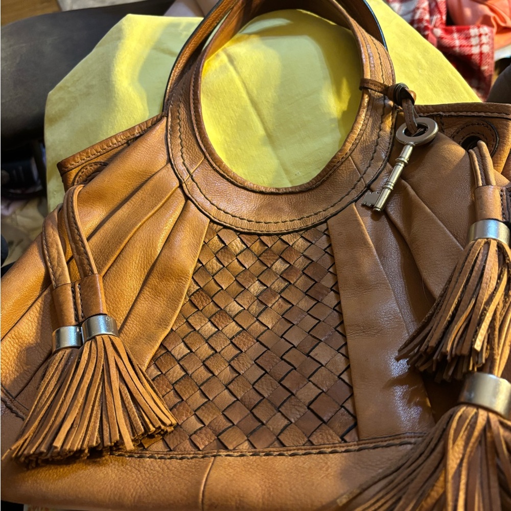 Handwoven Tan Leather Shoulder Bag with Tassels